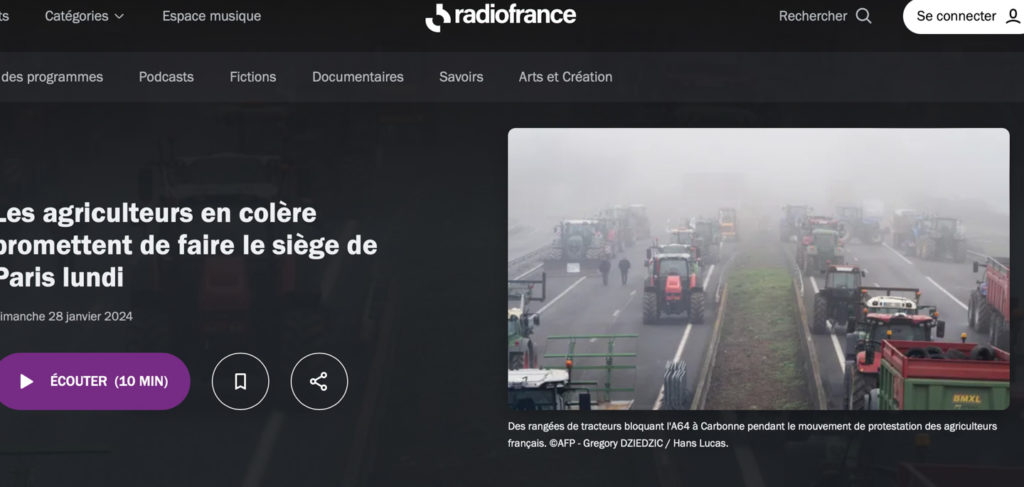 Publication le 29 janvier 2024 sur le site internet de Radio France : le barrage des agricultureurs à Carbonne.