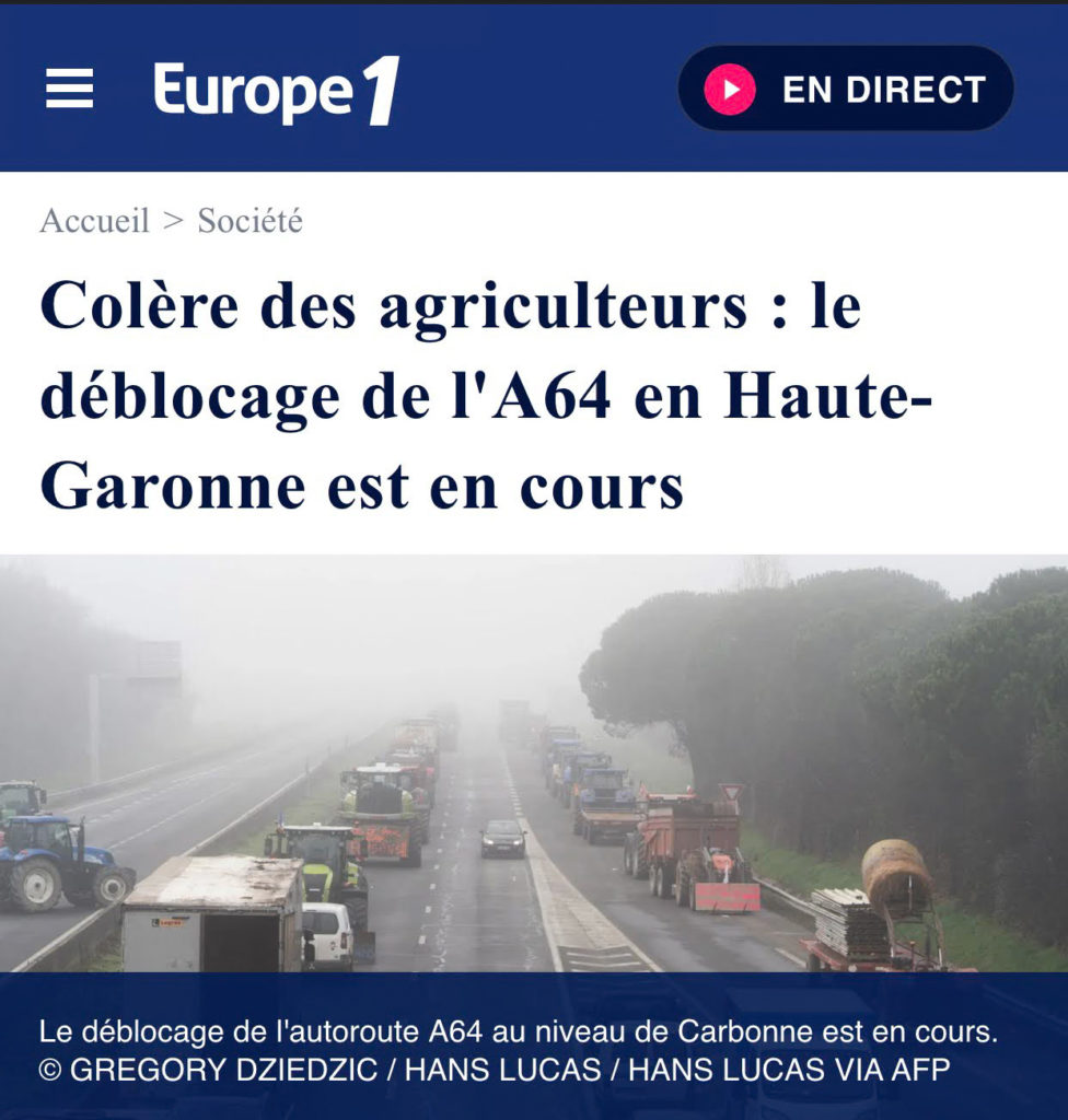 Publication le 27 janvier 2024 sur le site internet d'Europe 1 : le barrage des agricultureurs à Carbonne.