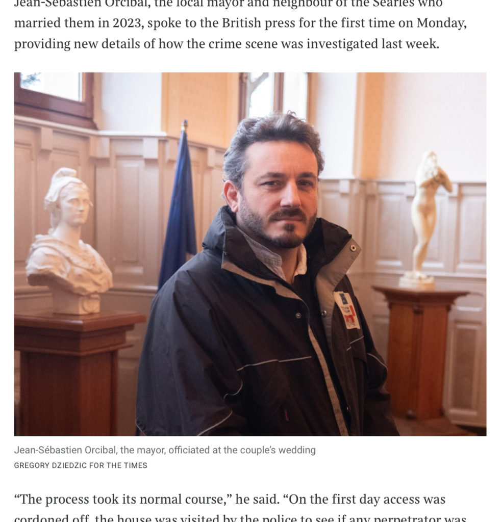 Publication le 11 février 2025 sur le site du journal britannique The Times dans le cadre de reportages sur les morts violentes d'Andrew et Dawn Searle à Villefranche-de-Rouergue.