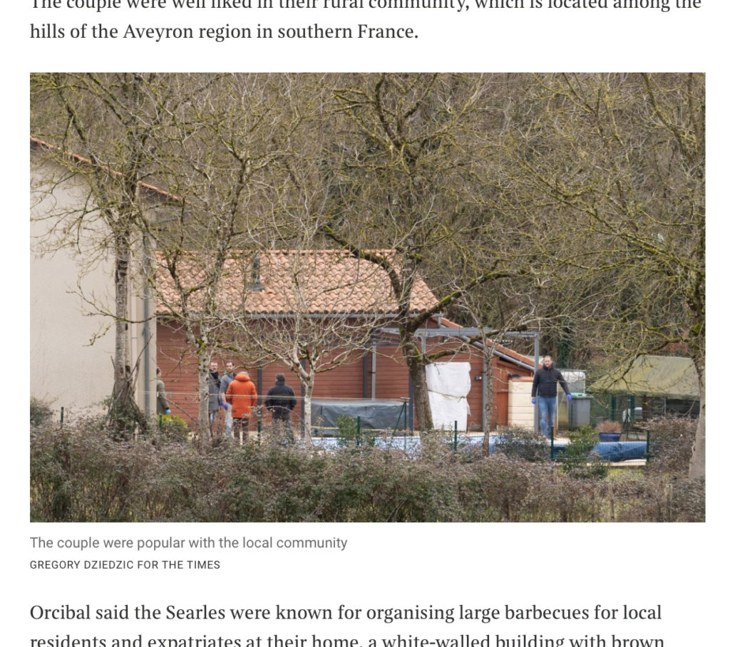 Publication le 11 février 2025 sur le site du journal britannique The Times dans le cadre de reportages sur les morts violentes d'Andrew et Dawn Searle à Villefranche-de-Rouergue.